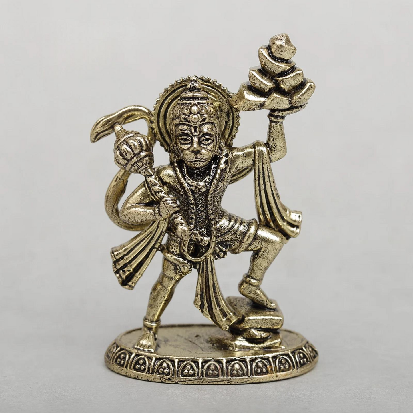 Brassaura® Brass Lord Hanuman Carrying Sanjeevani Mountain Idol | Handcrafted Bajrangbali Murti for Home Temple & Pooja Room | Height 3.5 Inches | Weight 0.100 Kgs
