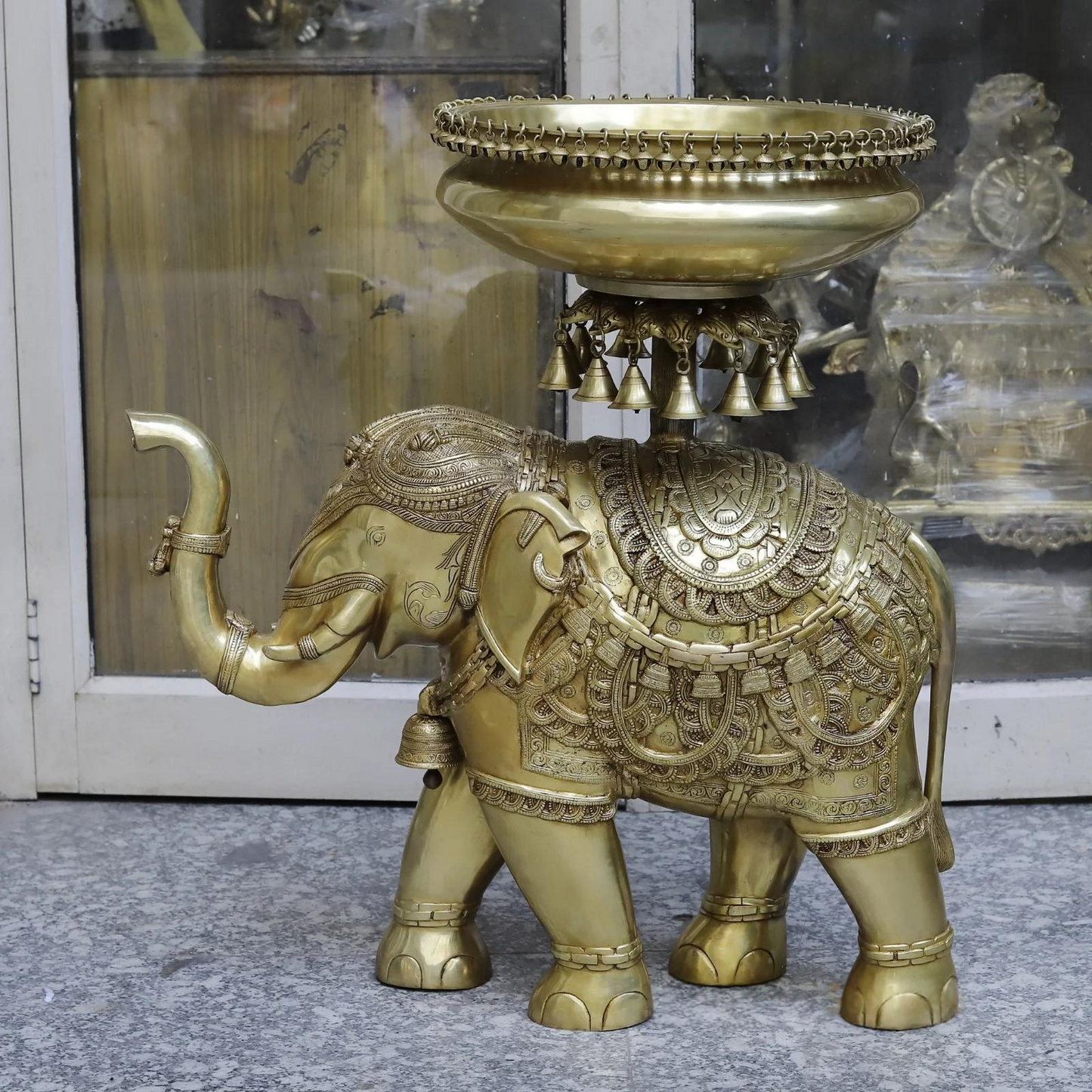 Brassaura® Brass Decorative Elephant Urli with Hanging Bells | Handcrafted Elephant Bowl for Floating Flowers & Home Décor | Height 31 Inches | Weight 55 Kgs