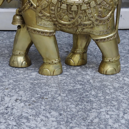 Brassaura® Brass Decorative Elephant Urli with Hanging Bells | Handcrafted Elephant Bowl for Floating Flowers & Home Décor | Height 31 Inches | Weight 55 Kgs