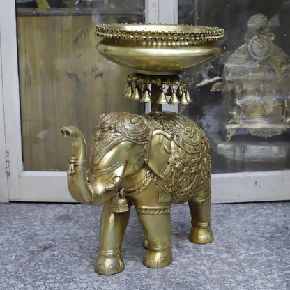 Brassaura® Brass Decorative Elephant Urli with Hanging Bells | Handcrafted Elephant Bowl for Floating Flowers & Home Décor | Height 31 Inches | Weight 55 Kgs
