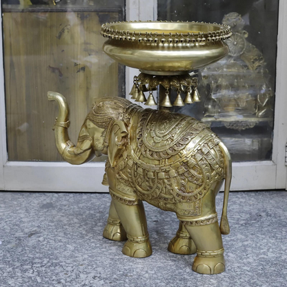 Brassaura® Brass Decorative Elephant Urli with Hanging Bells | Handcrafted Elephant Bowl for Floating Flowers & Home Décor | Height 31 Inches | Weight 55 Kgs