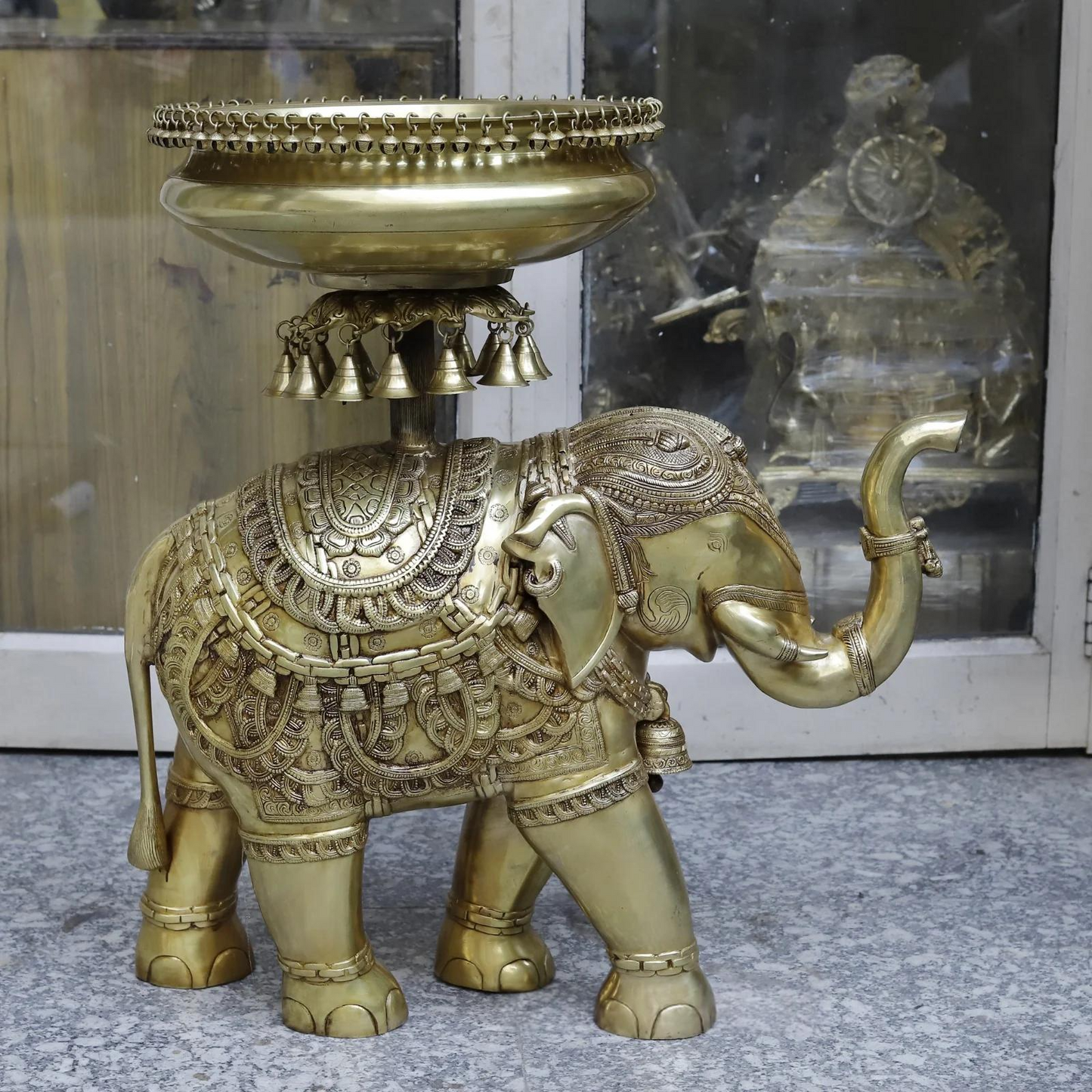 Brassaura® Brass Decorative Elephant Urli with Hanging Bells | Handcrafted Elephant Bowl for Floating Flowers & Home Décor | Height 31 Inches | Weight 55 Kgs