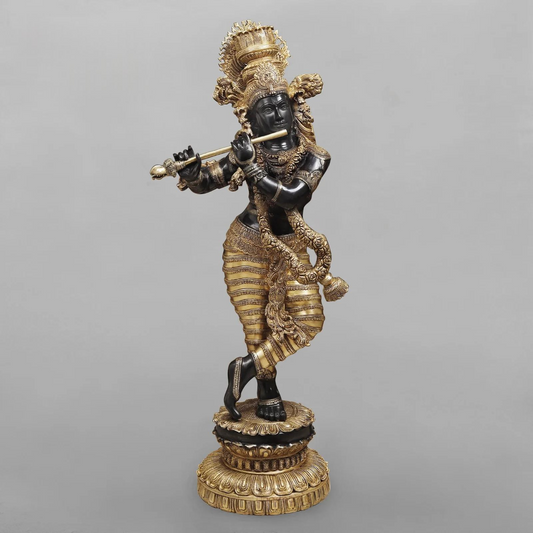 Brassaura® Lord Krishna Playing Flute Idol with Golden & Black Patina Finish | Pure Superfine Brass Handcrafted Murti | Brass Statue | Height 46 Inches | Weight 60.8 Kgs