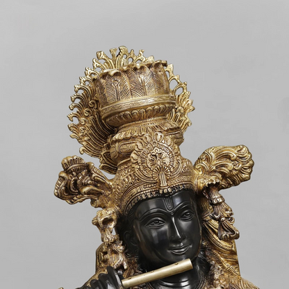 Brassaura® Lord Krishna Playing Flute Idol with Golden & Black Patina Finish | Pure Superfine Brass Handcrafted Murti | Brass Statue | Height 46 Inches | Weight 60.8 Kgs