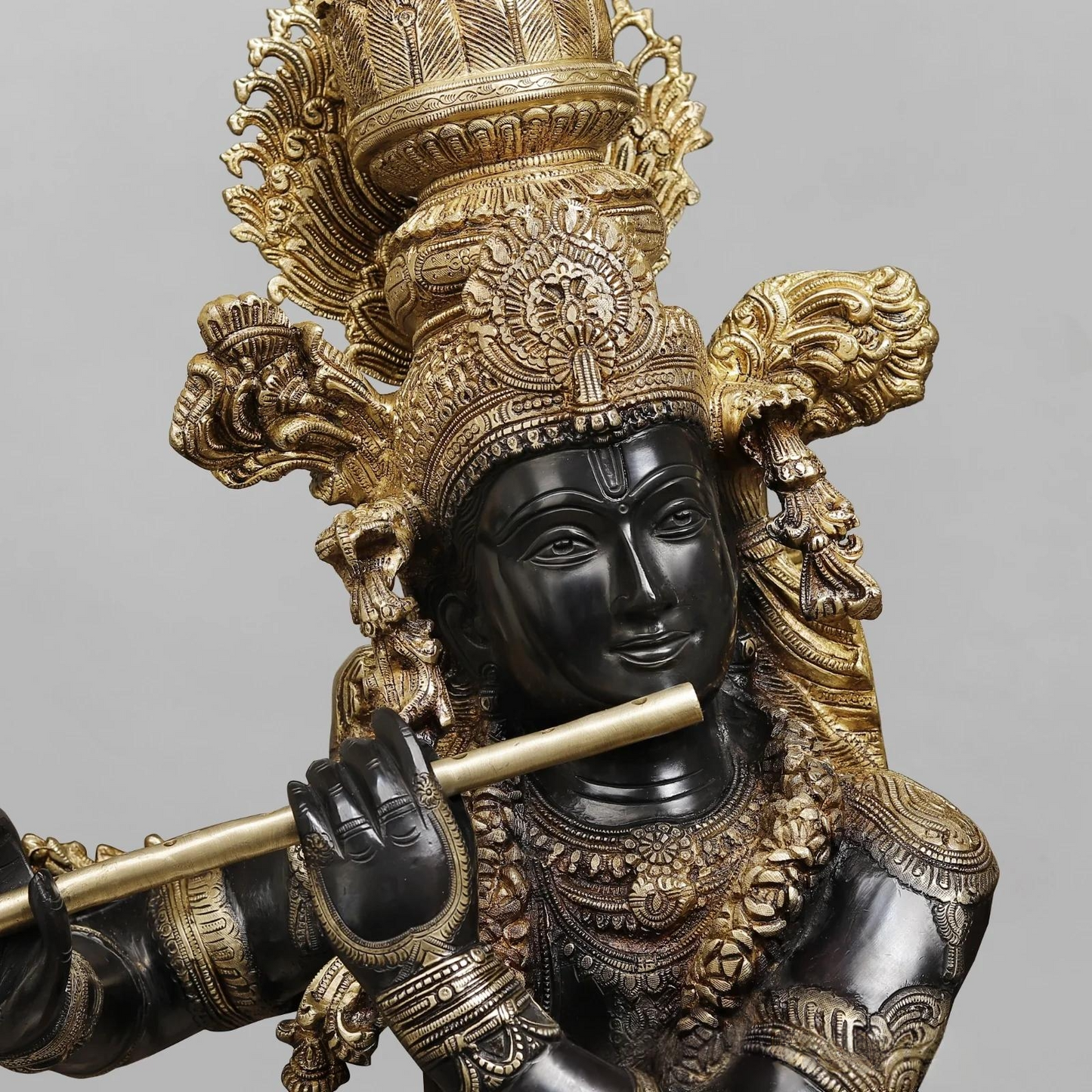 Brassaura® Lord Krishna Playing Flute Idol with Golden & Black Patina Finish | Pure Superfine Brass Handcrafted Murti | Brass Statue | Height 46 Inches | Weight 60.8 Kgs