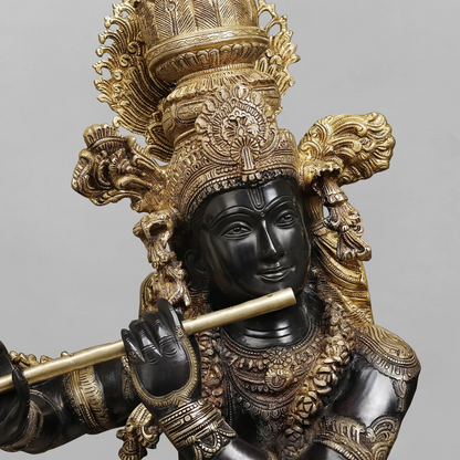 Brassaura® Lord Krishna Playing Flute Idol with Golden & Black Patina Finish | Pure Superfine Brass Handcrafted Murti | Brass Statue | Height 46 Inches | Weight 60.8 Kgs