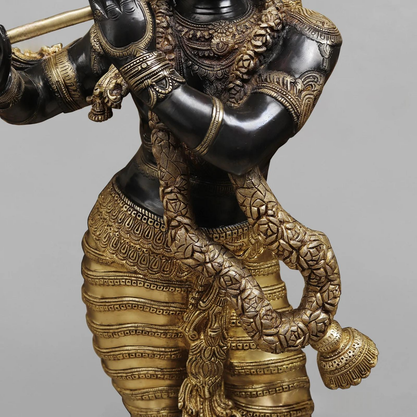 Brassaura® Lord Krishna Playing Flute Idol with Golden & Black Patina Finish | Pure Superfine Brass Handcrafted Murti | Brass Statue | Height 46 Inches | Weight 60.8 Kgs