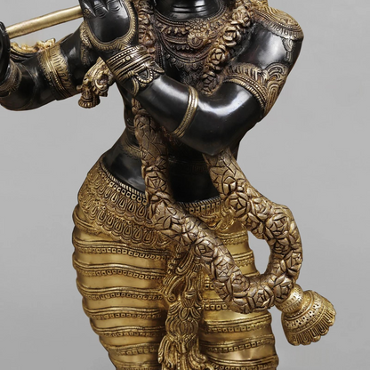 Brassaura® Lord Krishna Playing Flute Idol with Golden & Black Patina Finish | Pure Superfine Brass Handcrafted Murti | Brass Statue | Height 46 Inches | Weight 60.8 Kgs