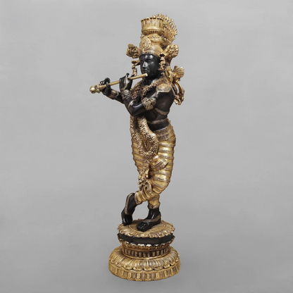 Brassaura® Lord Krishna Playing Flute Idol with Golden & Black Patina Finish | Pure Superfine Brass Handcrafted Murti | Brass Statue | Height 46 Inches | Weight 60.8 Kgs