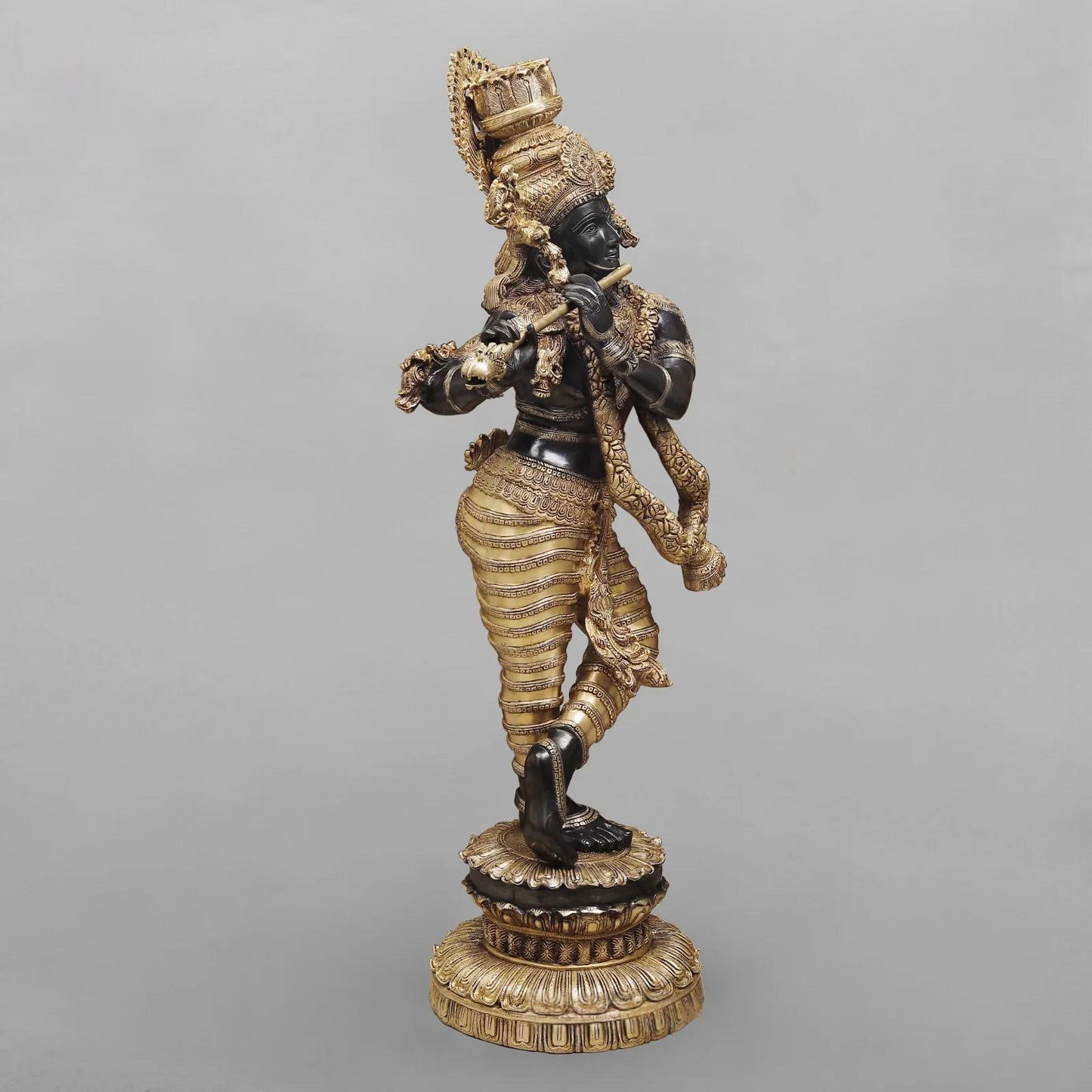 Brassaura® Lord Krishna Playing Flute Idol with Golden & Black Patina Finish | Pure Superfine Brass Handcrafted Murti | Brass Statue | Height 46 Inches | Weight 60.8 Kgs