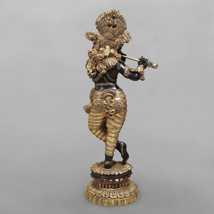 Brassaura® Lord Krishna Playing Flute Idol with Golden & Black Patina Finish | Pure Superfine Brass Handcrafted Murti | Brass Statue | Height 46 Inches | Weight 60.8 Kgs