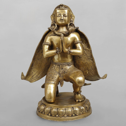 Brassaura® Garuda Kneeling Idol with Golden & Black Patina Finish | Pure Superfine Brass Handcrafted Murti | Brass Statue for Home Temple | Height 20 Inches | Weight 16.8 Kgs