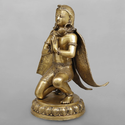 Brassaura® Garuda Kneeling Idol with Golden & Black Patina Finish | Pure Superfine Brass Handcrafted Murti | Brass Statue for Home Temple | Height 20 Inches | Weight 16.8 Kgs