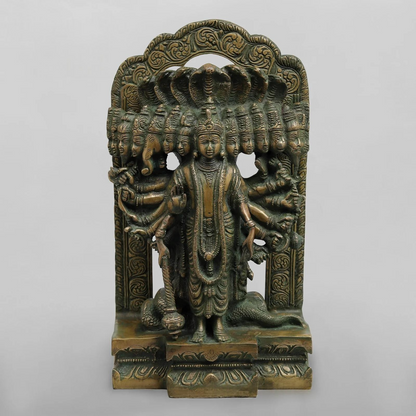Brassaura® Lord Vishnu Vishwaroop Idol with Green Algae Finish | Pure Superfine Brass Handcrafted Murti | Brass Statue for Home Temple, Pooja Room | Height 14 Inches | Weight 9.440 Kgs