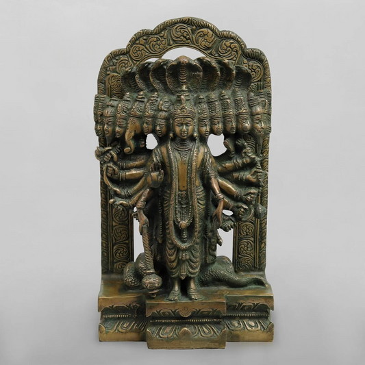 Brassaura® Lord Vishnu Vishwaroop Idol with Green Algae Finish | Pure Superfine Brass Handcrafted Murti | Brass Statue for Home Temple, Pooja Room | Height 14 Inches | Weight 9.440 Kgs