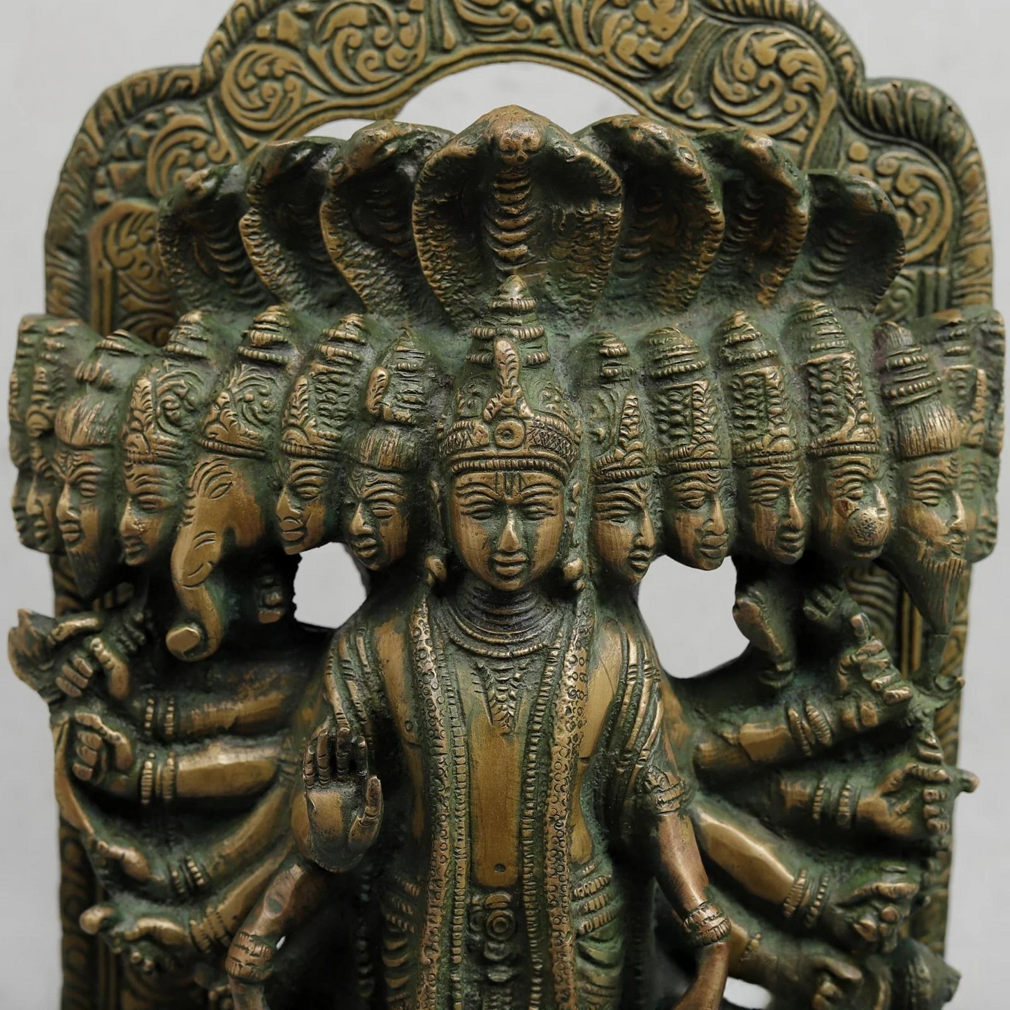 Brassaura® Lord Vishnu Vishwaroop Idol with Green Algae Finish | Pure Superfine Brass Handcrafted Murti | Brass Statue for Home Temple, Pooja Room | Height 14 Inches | Weight 9.440 Kgs
