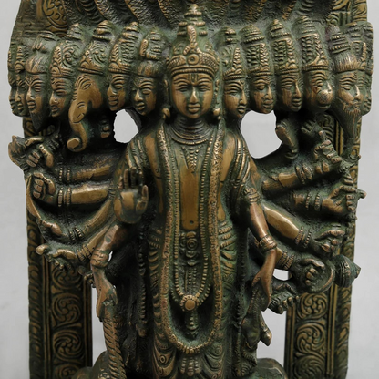 Brassaura® Lord Vishnu Vishwaroop Idol with Green Algae Finish | Pure Superfine Brass Handcrafted Murti | Brass Statue for Home Temple, Pooja Room | Height 14 Inches | Weight 9.440 Kgs