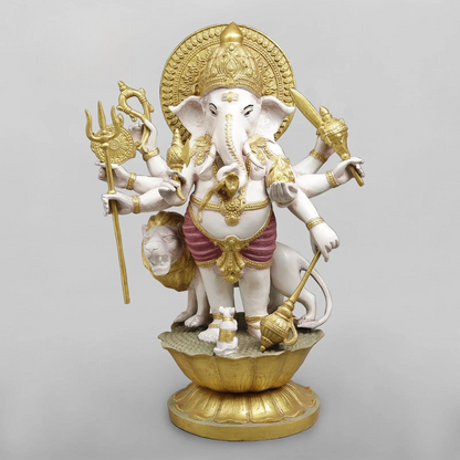 Brassaura® Ganesha Standing Idol with White & Gold Finish | Pure Superfine Brass Handcrafted Murti | Brass Statue for Home Temple, Pooja Room | Height 23.5 Inches | Weight 27.4 Kgs
