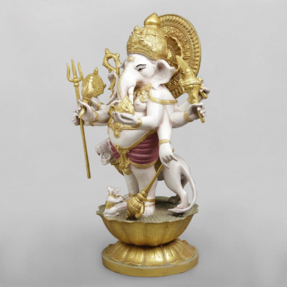 Brassaura® Ganesha Standing Idol with White & Gold Finish | Pure Superfine Brass Handcrafted Murti | Brass Statue for Home Temple, Pooja Room | Height 23.5 Inches | Weight 27.4 Kgs
