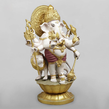 Brassaura® Ganesha Standing Idol with White & Gold Finish | Pure Superfine Brass Handcrafted Murti | Brass Statue for Home Temple, Pooja Room | Height 23.5 Inches | Weight 27.4 Kgs