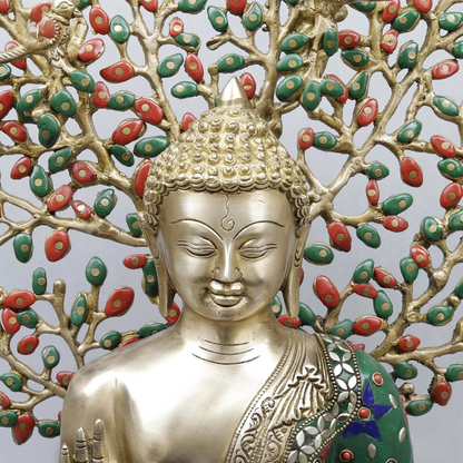 Brassaura® Buddha Meditating Idol with Multi-Color Finish | Pure Superfine Brass Handcrafted Murti | Brass Statue for Home Temple, Pooja Room | Height 20.5 Inches | Weight 12.32 Kgs
