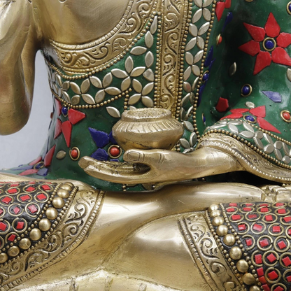 Brassaura® Buddha Meditating Idol with Multi-Color Finish | Pure Superfine Brass Handcrafted Murti | Brass Statue for Home Temple, Pooja Room | Height 20.5 Inches | Weight 12.32 Kgs