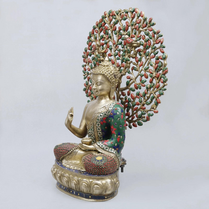 Brassaura® Buddha Meditating Idol with Multi-Color Finish | Pure Superfine Brass Handcrafted Murti | Brass Statue for Home Temple, Pooja Room | Height 20.5 Inches | Weight 12.32 Kgs