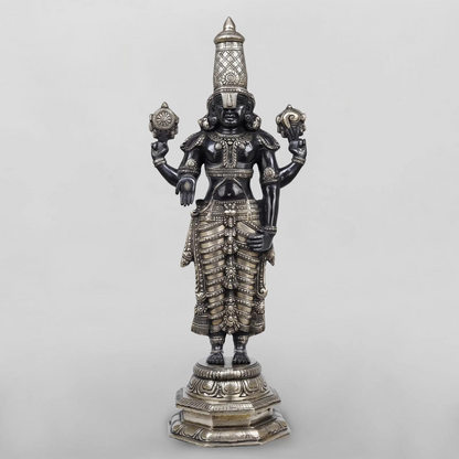 Brassaura® Vishnu Standing Idol with Silver & Black Finish | Pure Superfine Brass Handcrafted Murti | Brass Statue for Home Temple, Pooja Room | Height 33 Inches | Weight 19.82 Kgs