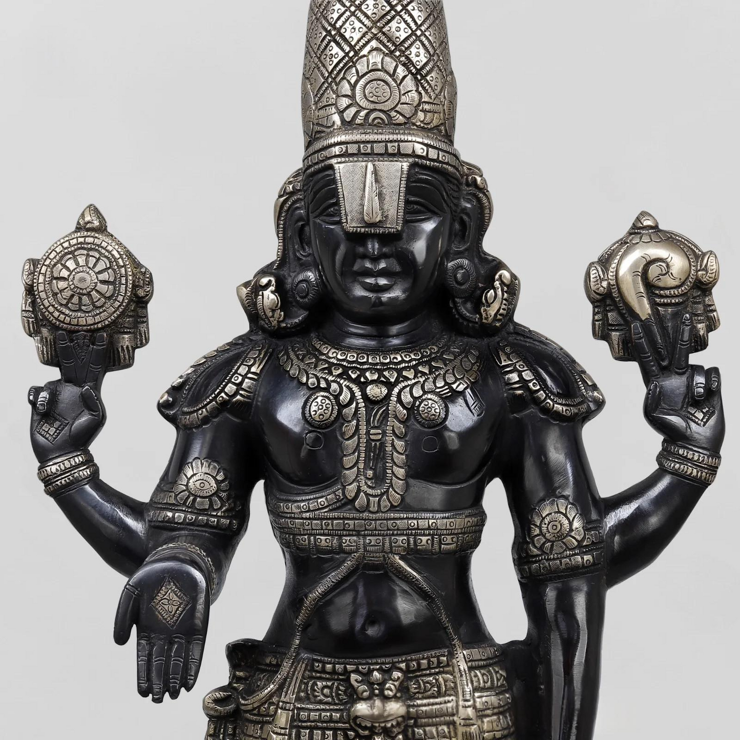 Brassaura® Vishnu Standing Idol with Silver & Black Finish | Pure Superfine Brass Handcrafted Murti | Brass Statue for Home Temple, Pooja Room | Height 33 Inches | Weight 19.82 Kgs