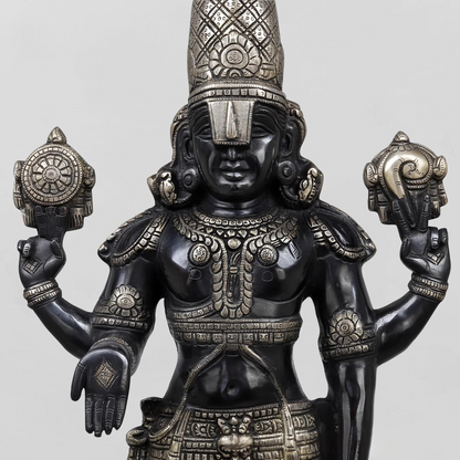 Brassaura® Vishnu Standing Idol with Silver & Black Finish | Pure Superfine Brass Handcrafted Murti | Brass Statue for Home Temple, Pooja Room | Height 33 Inches | Weight 19.82 Kgs