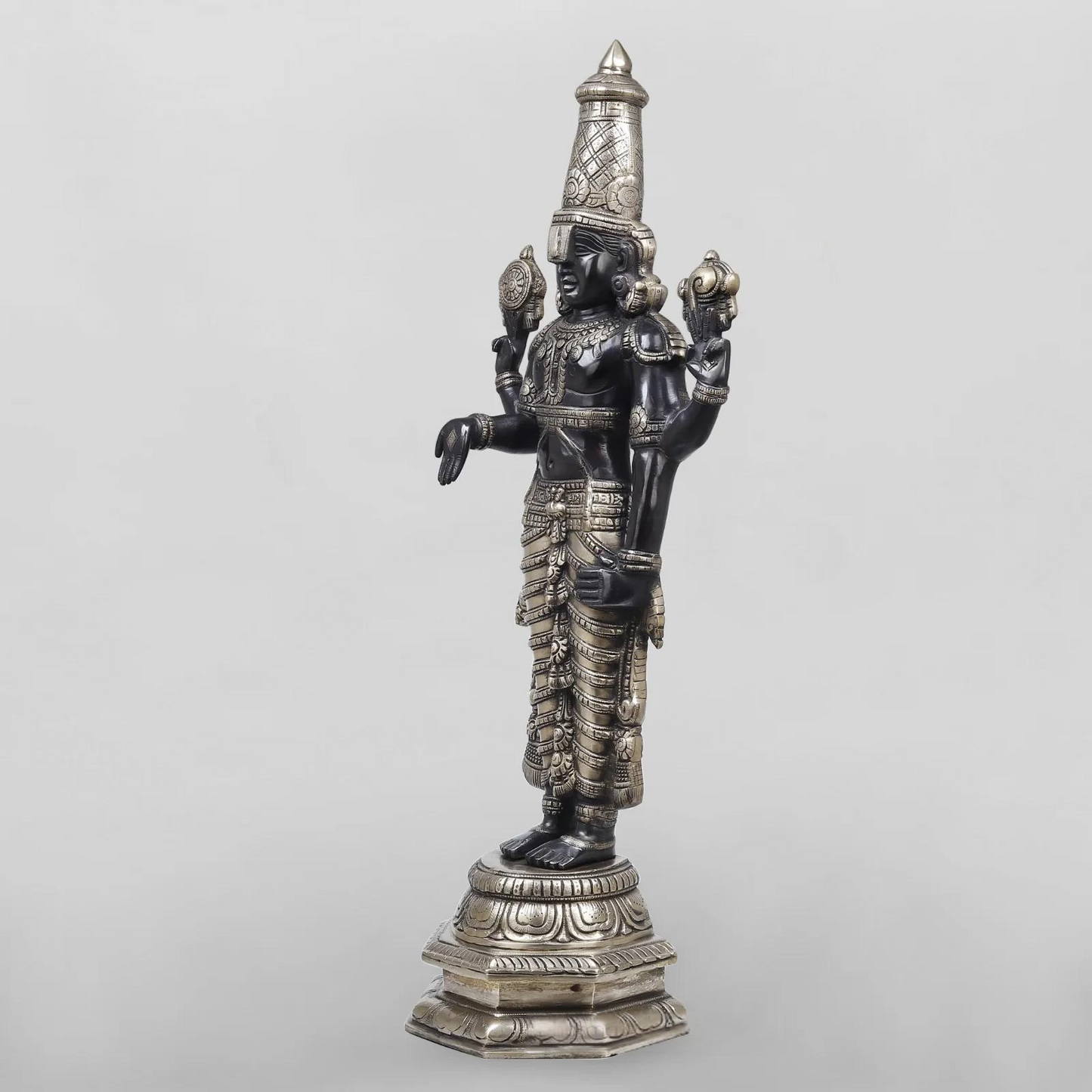 Brassaura® Vishnu Standing Idol with Silver & Black Finish | Pure Superfine Brass Handcrafted Murti | Brass Statue for Home Temple, Pooja Room | Height 33 Inches | Weight 19.82 Kgs