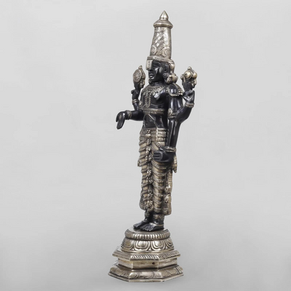 Brassaura® Vishnu Standing Idol with Silver & Black Finish | Pure Superfine Brass Handcrafted Murti | Brass Statue for Home Temple, Pooja Room | Height 33 Inches | Weight 19.82 Kgs