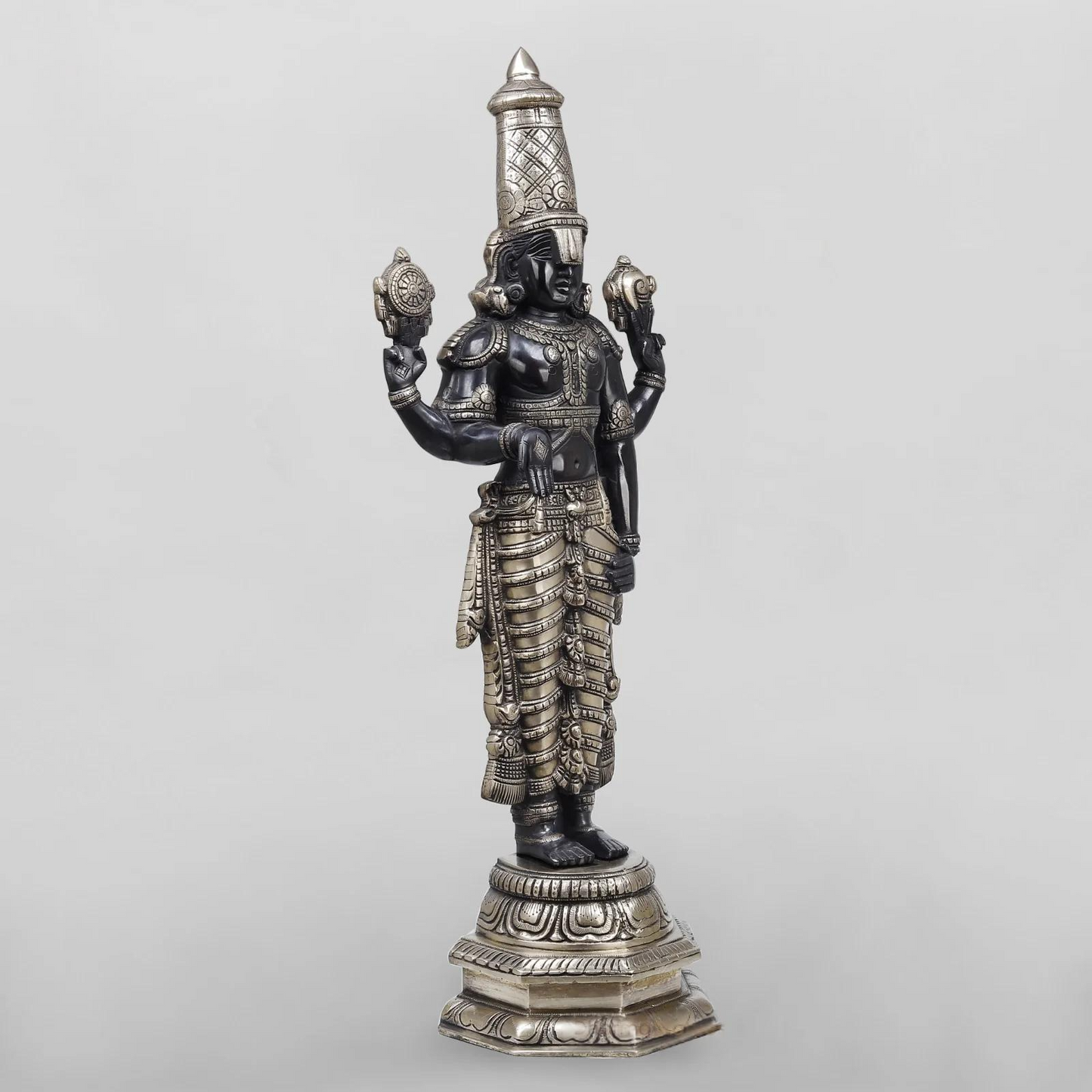 Brassaura® Vishnu Standing Idol with Silver & Black Finish | Pure Superfine Brass Handcrafted Murti | Brass Statue for Home Temple, Pooja Room | Height 33 Inches | Weight 19.82 Kgs