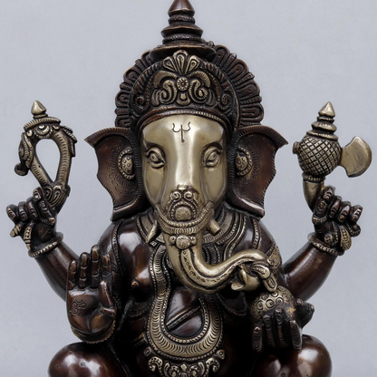 Brassaura® Ganesha Seated Idol with Antique Brown & Silver-Tone Finish | Pure Superfine Brass Handcrafted Murti | Brass Statue for Home Temple, Pooja Room | Height 14 Inches | Weight 13.9 Kgs