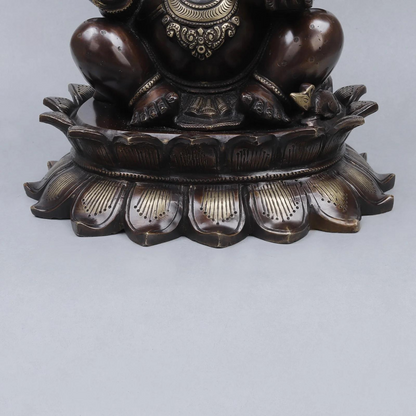 Brassaura® Ganesha Seated Idol with Antique Brown & Silver-Tone Finish | Pure Superfine Brass Handcrafted Murti | Brass Statue for Home Temple, Pooja Room | Height 14 Inches | Weight 13.9 Kgs