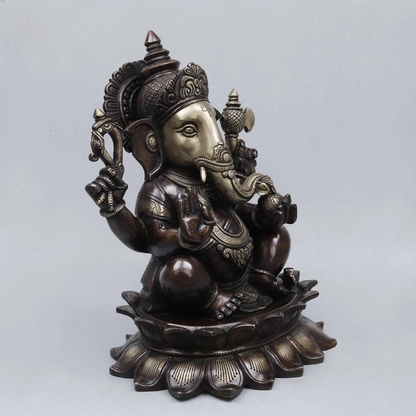 Brassaura® Ganesha Seated Idol with Antique Brown & Silver-Tone Finish | Pure Superfine Brass Handcrafted Murti | Brass Statue for Home Temple, Pooja Room | Height 14 Inches | Weight 13.9 Kgs