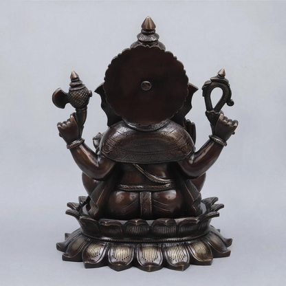 Brassaura® Ganesha Seated Idol with Antique Brown & Silver-Tone Finish | Pure Superfine Brass Handcrafted Murti | Brass Statue for Home Temple, Pooja Room | Height 14 Inches | Weight 13.9 Kgs