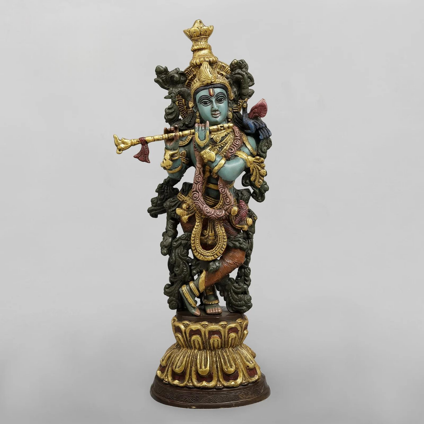 Brassaura® Krishna Playing Flute Idol with Multi-Color Finish | Pure Superfine Brass Handcrafted Murti | Brass Statue for Home Temple, Pooja Room | Height 20 Inches | Weight 8.02 Kgs