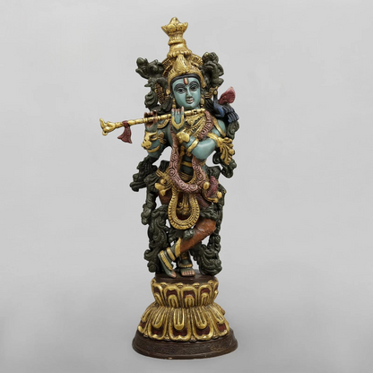 Brassaura® Krishna Playing Flute Idol with Multi-Color Finish | Pure Superfine Brass Handcrafted Murti | Brass Statue for Home Temple, Pooja Room | Height 20 Inches | Weight 8.02 Kgs