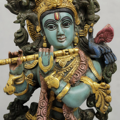 Brassaura® Krishna Playing Flute Idol with Multi-Color Finish | Pure Superfine Brass Handcrafted Murti | Brass Statue for Home Temple, Pooja Room | Height 20 Inches | Weight 8.02 Kgs
