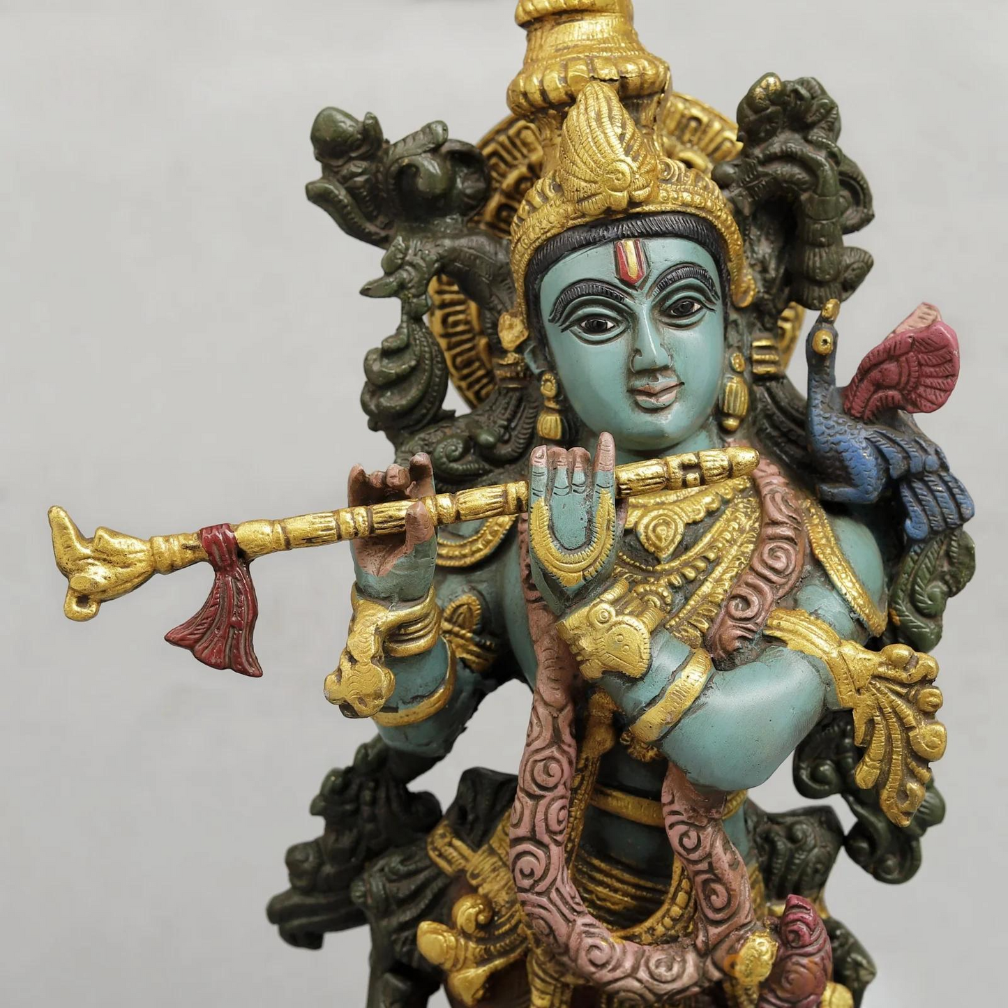 Brassaura® Krishna Playing Flute Idol with Multi-Color Finish | Pure Superfine Brass Handcrafted Murti | Brass Statue for Home Temple, Pooja Room | Height 20 Inches | Weight 8.02 Kgs