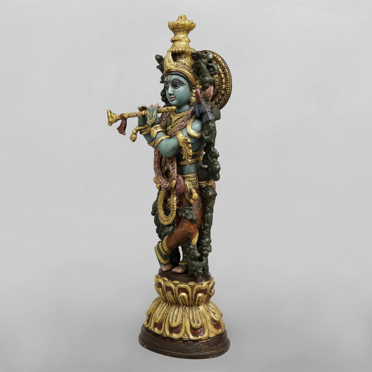 Brassaura® Krishna Playing Flute Idol with Multi-Color Finish | Pure Superfine Brass Handcrafted Murti | Brass Statue for Home Temple, Pooja Room | Height 20 Inches | Weight 8.02 Kgs
