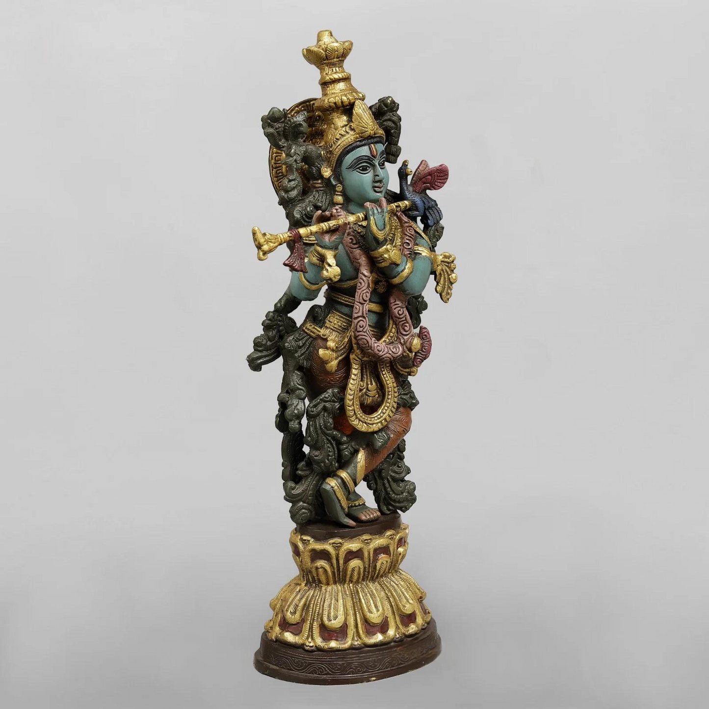 Brassaura® Krishna Playing Flute Idol with Multi-Color Finish | Pure Superfine Brass Handcrafted Murti | Brass Statue for Home Temple, Pooja Room | Height 20 Inches | Weight 8.02 Kgs