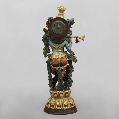 Brassaura® Krishna Playing Flute Idol with Multi-Color Finish | Pure Superfine Brass Handcrafted Murti | Brass Statue for Home Temple, Pooja Room | Height 20 Inches | Weight 8.02 Kgs