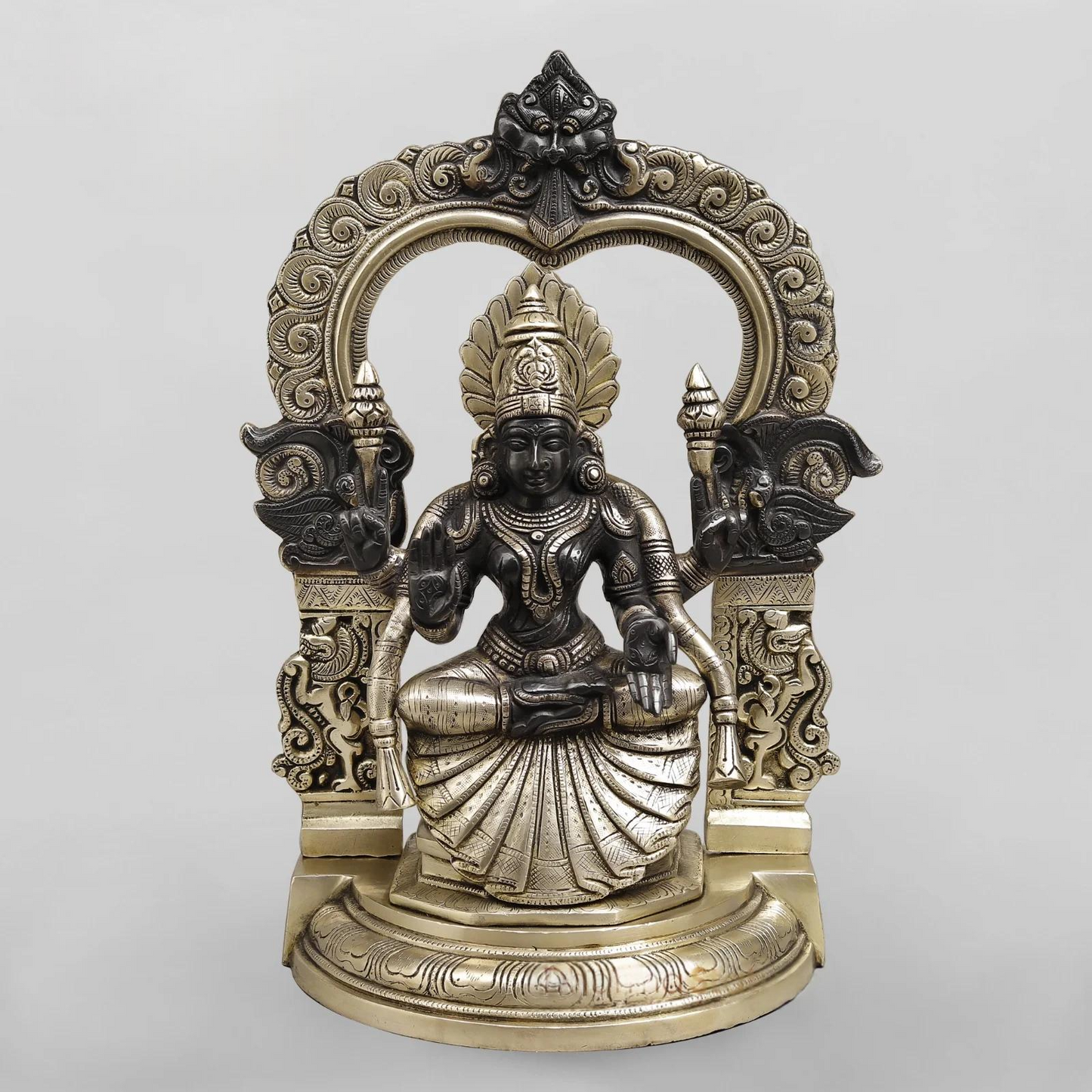 Brassaura® Lakshmi Seated Idol with Antique Silver & Black Finish | Pure Superfine Brass Handcrafted Murti | Brass Statue for Home Temple, Pooja Room | Height 17 Inches | Weight 12.46 Kgs