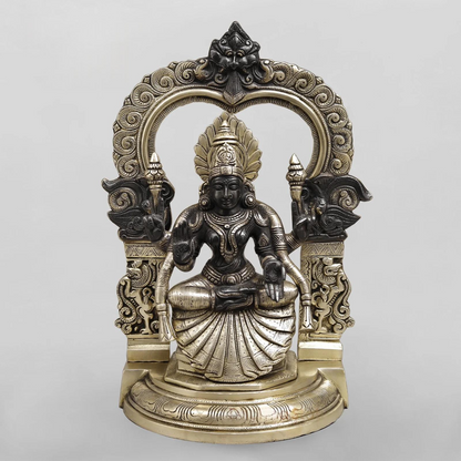 Brassaura® Lakshmi Seated Idol with Antique Silver & Black Finish | Pure Superfine Brass Handcrafted Murti | Brass Statue for Home Temple, Pooja Room | Height 17 Inches | Weight 12.46 Kgs