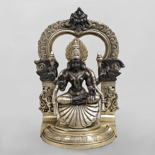 Brassaura® Lakshmi Seated Idol with Antique Silver & Black Finish | Pure Superfine Brass Handcrafted Murti | Brass Statue for Home Temple, Pooja Room | Height 17 Inches | Weight 12.46 Kgs