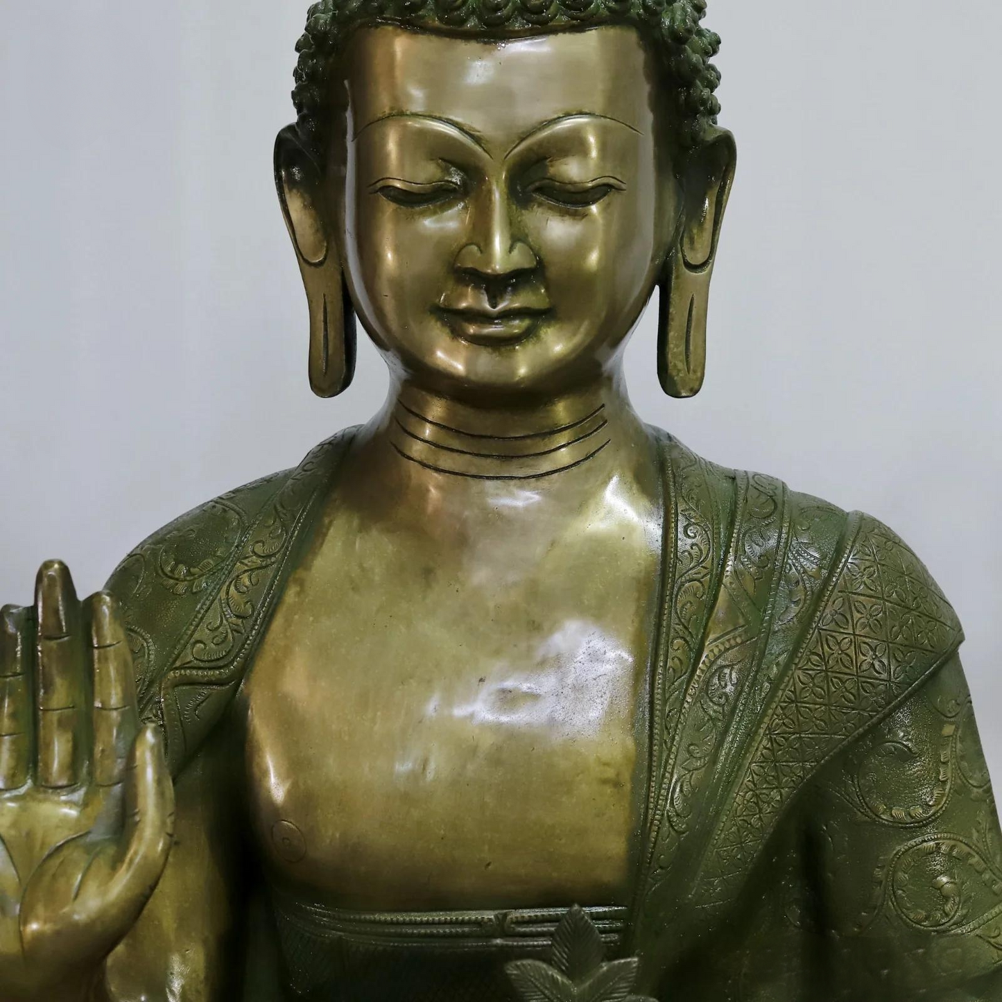 Brassaura® Buddha Meditating Idol with Antique Green Finish | Pure Superfine Brass Handcrafted Murti | Brass Statue for Home Temple, Pooja Room | Height 49 Inches | Weight 125 Kgs