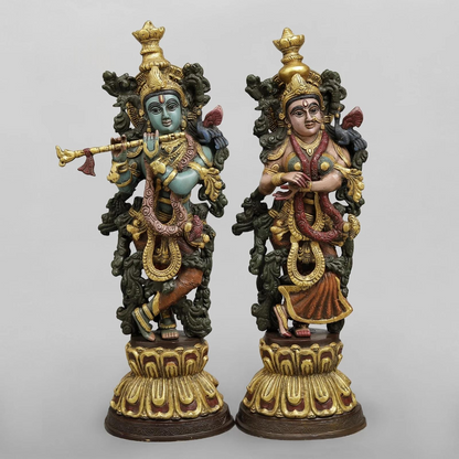 Brassaura® Radha Krishna Brass Idol Pair | Handcrafted Krishna & Radha Murti with Antique Multicolour Finish | Height 20 Inches | Weight 16.2 Kg