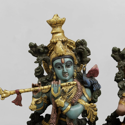 Brassaura® Radha Krishna Brass Idol Pair | Handcrafted Krishna & Radha Murti with Antique Multicolour Finish | Height 20 Inches | Weight 16.2 Kg
